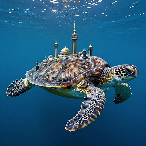 Digital artwork of a sea turtle with a detailed, colorful shell carrying a miniature, ornate Middle Eastern-style palace underwater.
