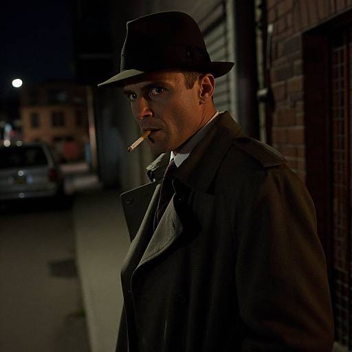 Photograph of a serious, middle-aged man with a cigarette in his mouth, wearing a black fedora and coat, standing in a dimly lit