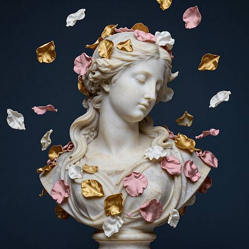 Photograph of a white marble bust of a serene woman with flowing hair, adorned with floating pink and gold rose petals against a dark blue background.