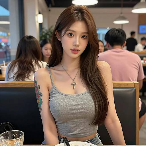 Casual Dining Scene with Asian Woman