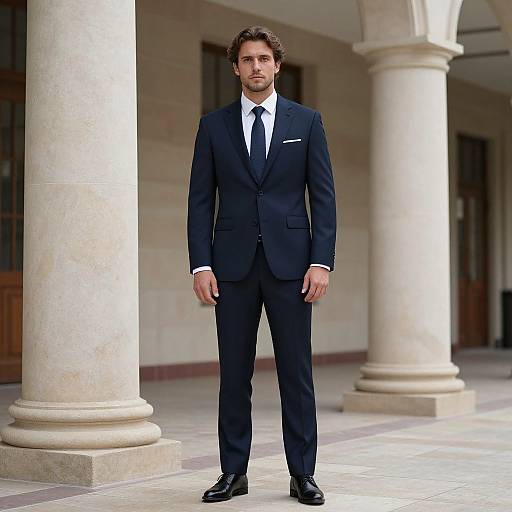 Photograph of a handsome man with curly brown hair, wearing a dark navy suit, white shirt, black tie, and black shoes, standing in a