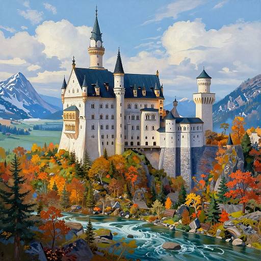 Digital painting of a grand, fairytale-style castle with multiple towers, surrounded by autumnal trees, a flowing river, and snow-capped mountains