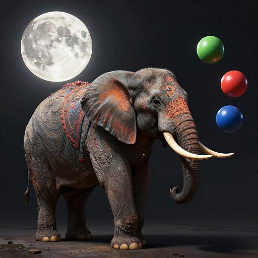 Digital artwork of a gray elephant with red tribal patterns, large white tusks, and colorful floating balls (green, red, blue) against a dark