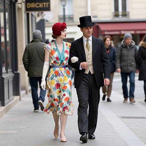 Photograph of a stylish couple in 1930s attire; woman in floral dress and red hat, man in black suit and top hat, walking