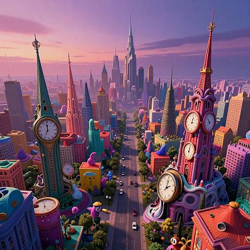 Vibrant, surreal CGI cityscape at sunset with colorful, whimsical skyscrapers, clock towers, and a bustling street, featuring a mix