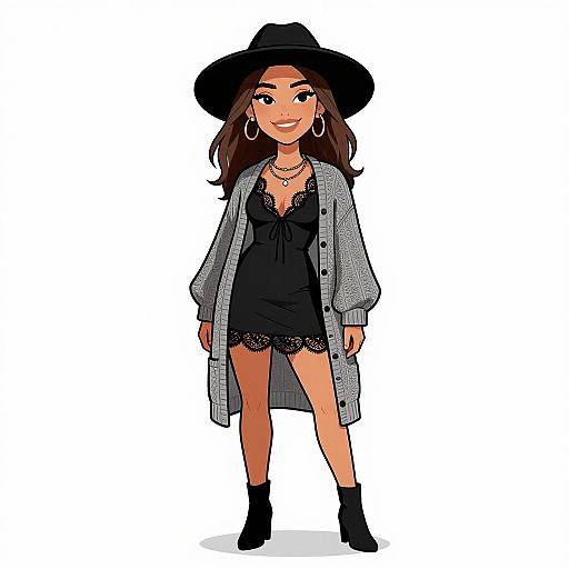 Digital illustration of a confident woman in a black lace dress, grey cardigan, black hat, hoop earrings, necklace, and black ankle boots.