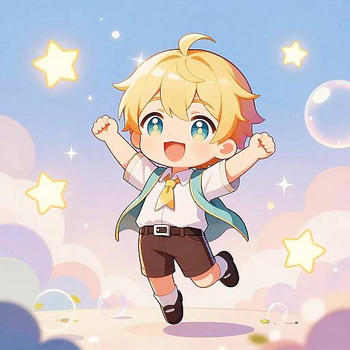 Chibi anime boy with blonde hair, blue eyes, and a joyful expression, jumps with arms up in a star-filled blue sky.