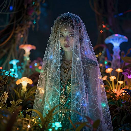 Enchanting forest scene: ethereal woman with glowing mushrooms, wearing a delicate, illuminated veil, adorned with jewelry, against a dark, mystical backdrop