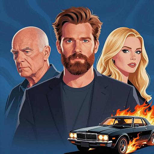 Digital Illustration of Movie Poster with Three Characters and Burning Car