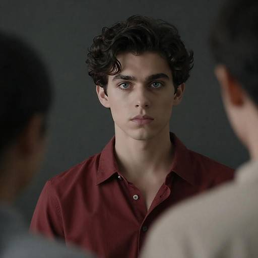 Young Man with Intense Blue Eyes in Red Shirt