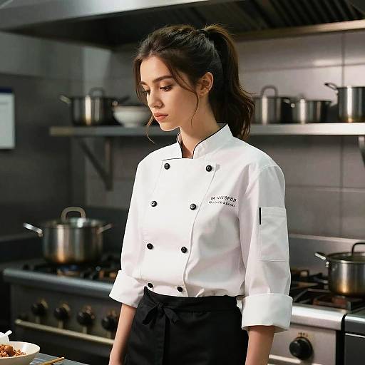 Photograph of a young Asian woman in a white chef's coat and black apron, standing in a modern, stainless steel kitchen with pots on the