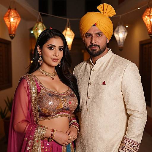 Photograph of an Indian couple in traditional attire; the woman in a sparkly pink lehenga with gold embroidery, the man in a white kurta