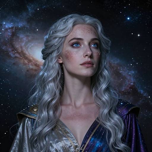Digital artwork of a fair-skinned, freckled, silver-haired woman with blue eyes, wearing a starry, cosmic-themed robe, against a