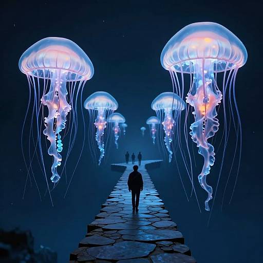 Photograph of a dark blue underwater-like scene with glowing jellyfish floating above a stone path, silhouetted figure walking towards distant figures.