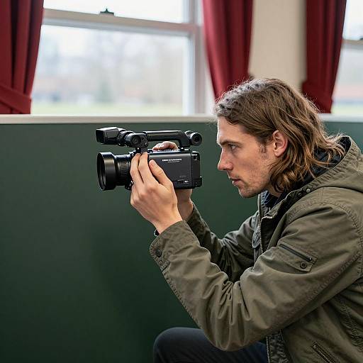 Focused Man Filming Through Red Curtains