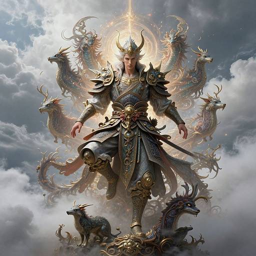 Digital artwork of a powerful, armored man with a horned helmet, surrounded by glowing dragons and mythical deer, standing on a cloudy sky. Radiant