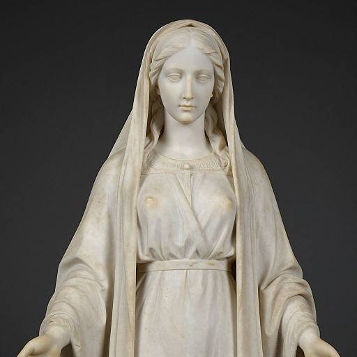 Photograph of a serene, white marble statue of a veiled woman in a traditional dress, with calm facial expression, against a dark blue background.