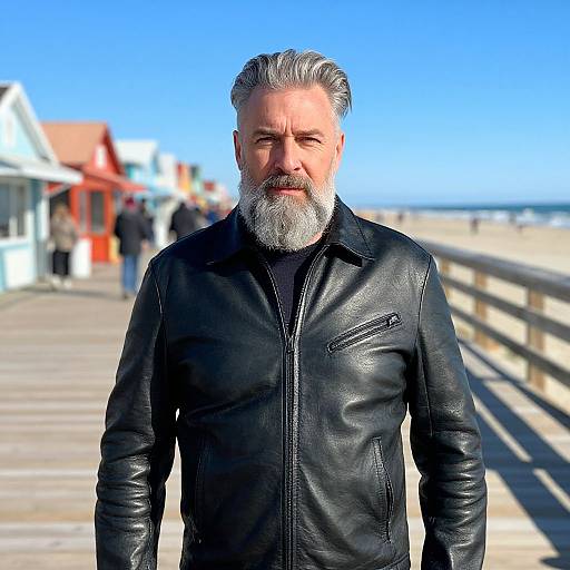 Photograph of a middle-aged man with gray hair and beard, wearing a black leather jacket, standing on a sunny beach boardwalk with blurred background of