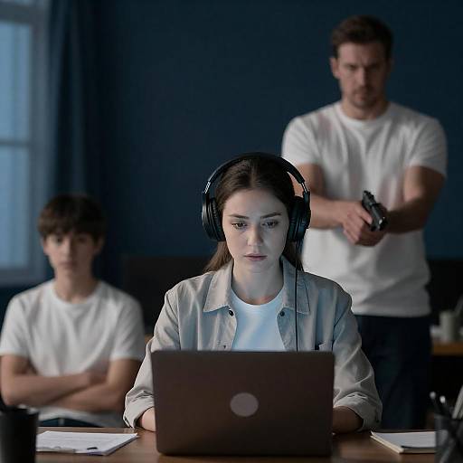 Dimly Lit Room with Focused Figures