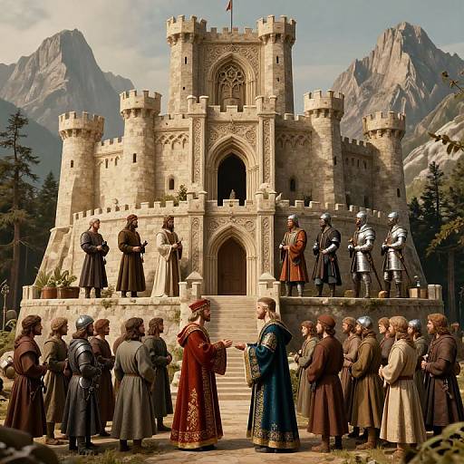 Photograph-style CGI of medieval knights in armor and colorful robes gather before a grand, castle-like stone fortress with mountainous background.