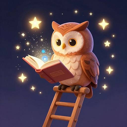 Cute, cartoon owl with large eyes reads glowing book on wooden ladder, surrounded by twinkling stars in a dark blue night sky. Digital art.