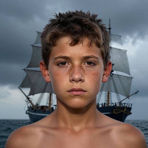 Photograph of a young, shirtless boy with short brown hair, serious expression, against a stormy sky with a large sailing ship in the background