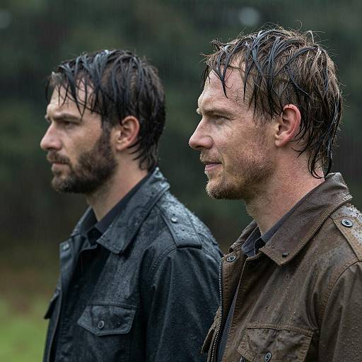 Two Men with Wet Hair Standing in Rain