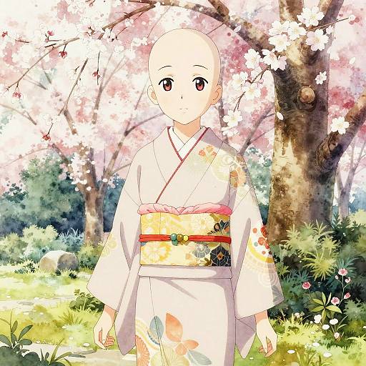 Bald Anime Girl in Kimono Amid Cherry Blossoms