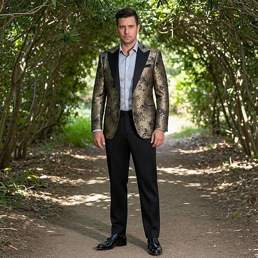 Photograph of a man in a black and gold patterned blazer, white shirt, black pants, and black shoes, standing on a sunlit