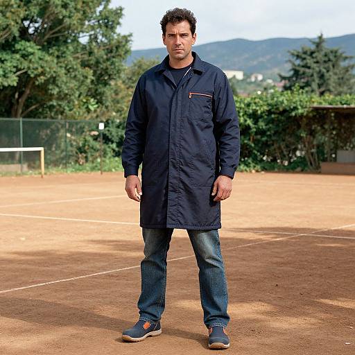 Photograph of a serious-looking man with short dark hair, wearing a navy blue jacket, jeans, and sneakers, standing on a clay tennis court surrounded