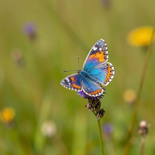 Vibrant blue butterfly with orange and white wing edges perched on a flower, set against a blurred green meadow backdrop.