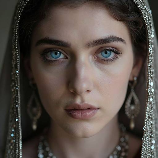 Close-up photograph of a young woman with striking blue eyes, fair skin, and dark brown hair, wearing a silver beaded veil and dangling earrings,