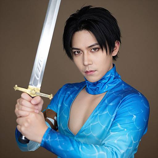 Digital CGI of an Asian man with black hair, wearing a blue, patterned, V-neck shirt, holding a shiny, gold-hilted sword