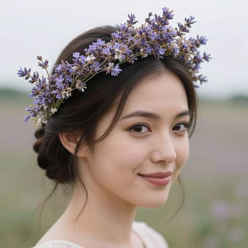 Photograph of an Asian woman with fair skin, dark hair in a braid, wearing a lavender flower crown, smiling softly, against a blurred outdoor