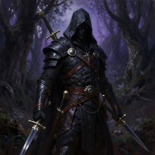Shadow-Clad Rogue in Mystical Forest