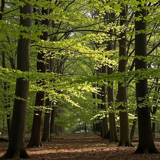 Photograph of a serene forest path lined with tall trees, vibrant green leaves, and dappled sunlight filtering through foliage. Brown leaves cover the ground