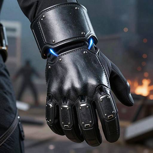 Photograph of a black, metallic, futuristic robotic hand with blue LED lights, set against a blurred background of an urban fire scene.