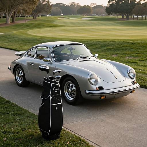 Photograph of a silver classic Porsche 911 parked on a concrete path in a lush green golf course, with a black golf bag in the foreground.