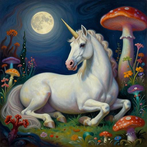 Digital painting of a white unicorn with a golden horn, lying in a moonlit, whimsical forest filled with colorful mushrooms and vibrant flowers.
