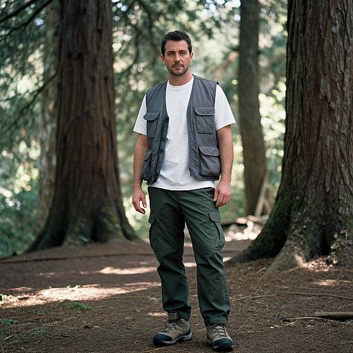 Photograph of a bearded man with short dark hair, wearing a white t-shirt, gray vest, and green cargo pants, standing on a forest