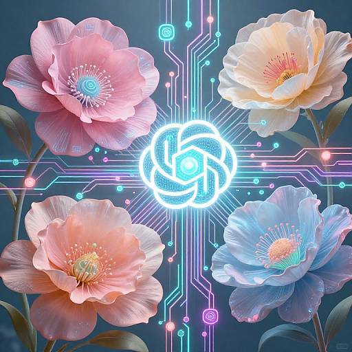 Digital artwork of four glowing, neon-colored flowers in pink, white, peach, and blue, centered around a bright, circular, cybernetic pattern