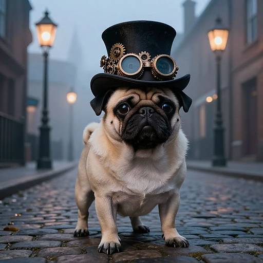 Photograph of a pug wearing a black top hat with goggles, standing on a cobblestone street at dusk, flanked by blurred street lamps