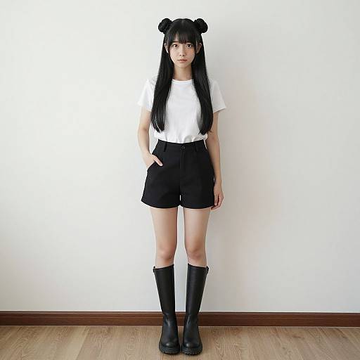 Photograph of an Asian woman with long black hair in double buns, wearing a white t-shirt, black shorts, and black knee-high boots,