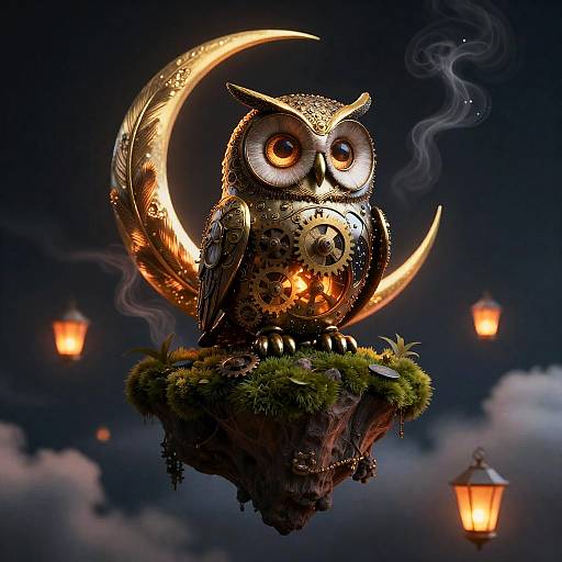 Clockwork Owl on Floating Isle under Crescent Moon