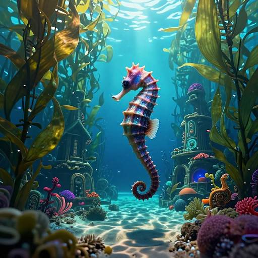 Surreal Underwater Seahorse and Ancient City
