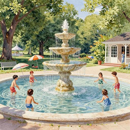 Children Playing by Summer Fountain