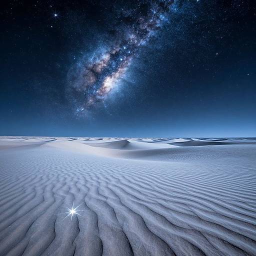Photograph of a starlit, snow-covered desert with rippled sand dunes under a vibrant, galaxy-filled night sky, featuring a prominent star in