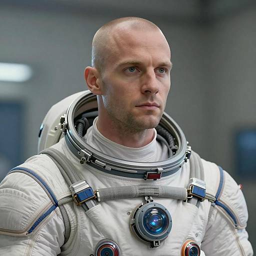 Photograph of a bald, serious-looking Caucasian man in a white astronaut suit with a helmet, blue and red control buttons, in a futuristic, dim