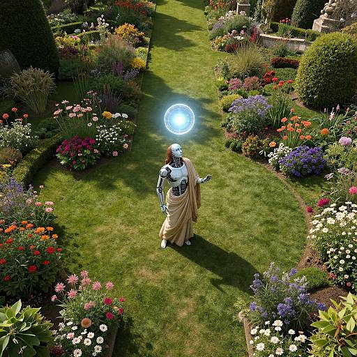 Photograph of a robotic figure in a golden robe, holding a glowing blue orb, walking through a vibrant, colorful garden.