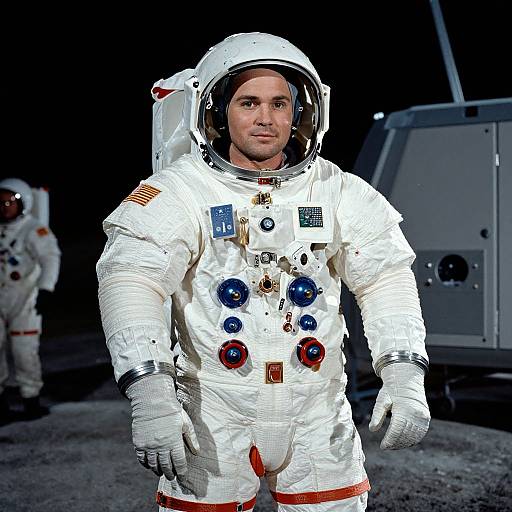 Photograph of a male astronaut in white spacesuit with various buttons and patches, standing on moon's surface, dark background, another astronaut in background.